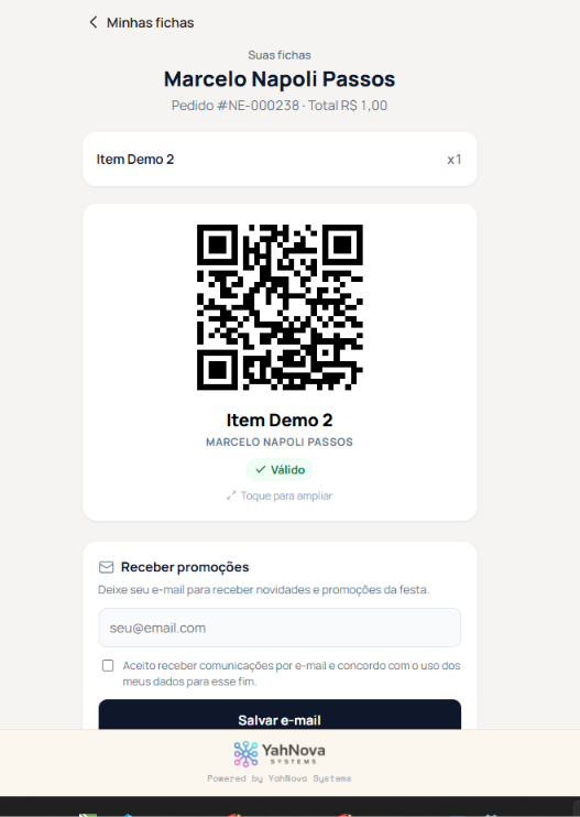 Tela do voucher digital do Ticko no celular do participante, com QR code e status Válido
